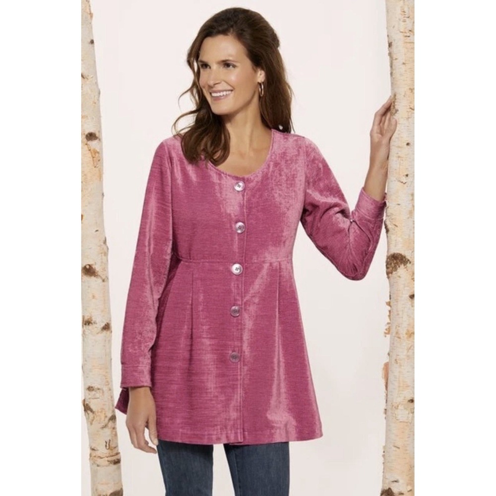 Soft‎ Surroundings Fiona Shirt Size Large Pink Velour Button Front Tunic Top